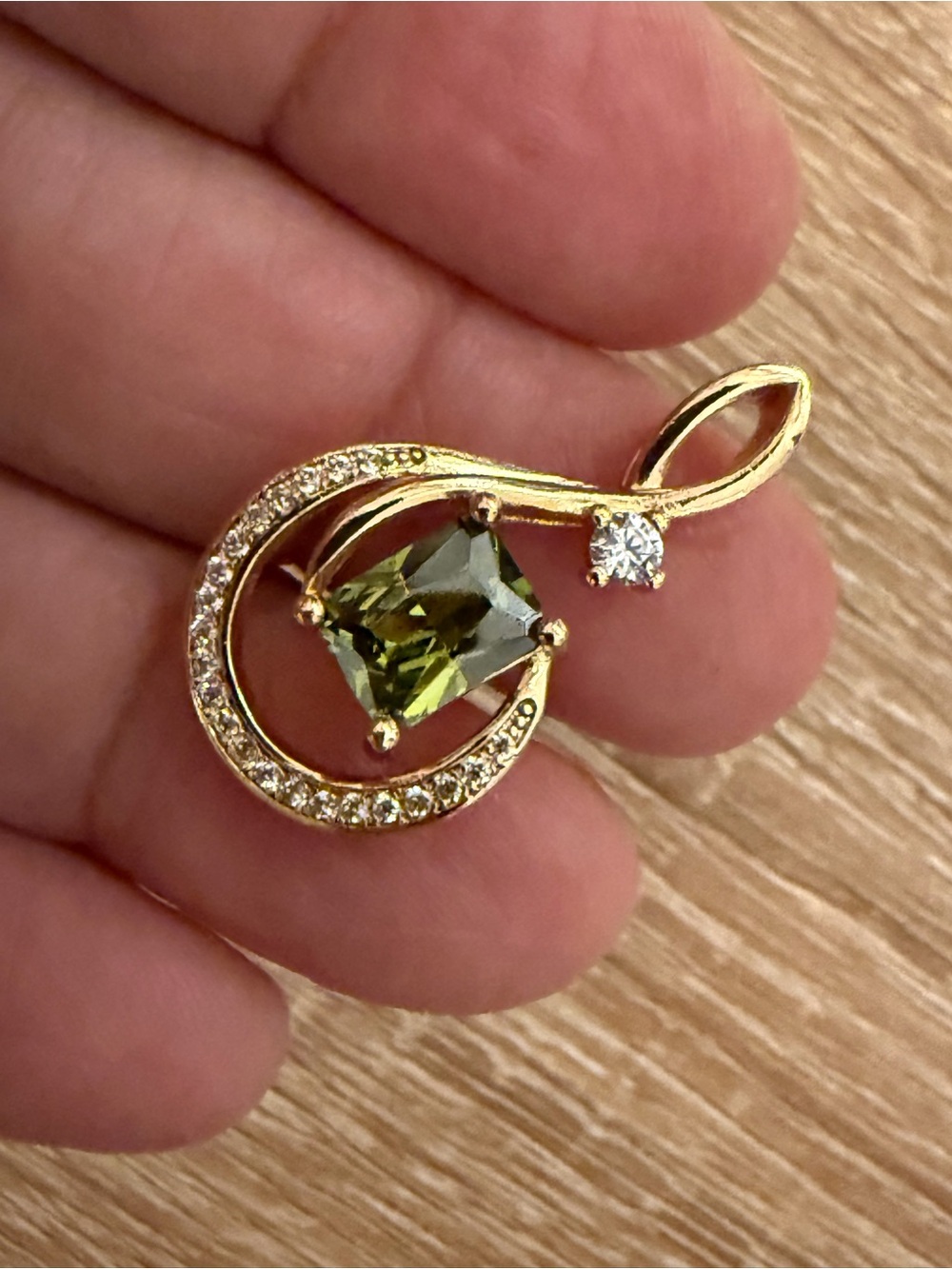 Gold-Tone Green Gemstone Pendant with Clear Accent